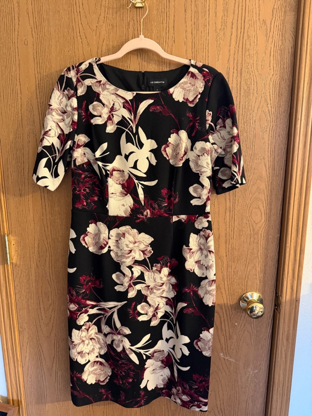 Liz Claiborne Black Floral Midi Dress with Ivory and Burgundy Accents